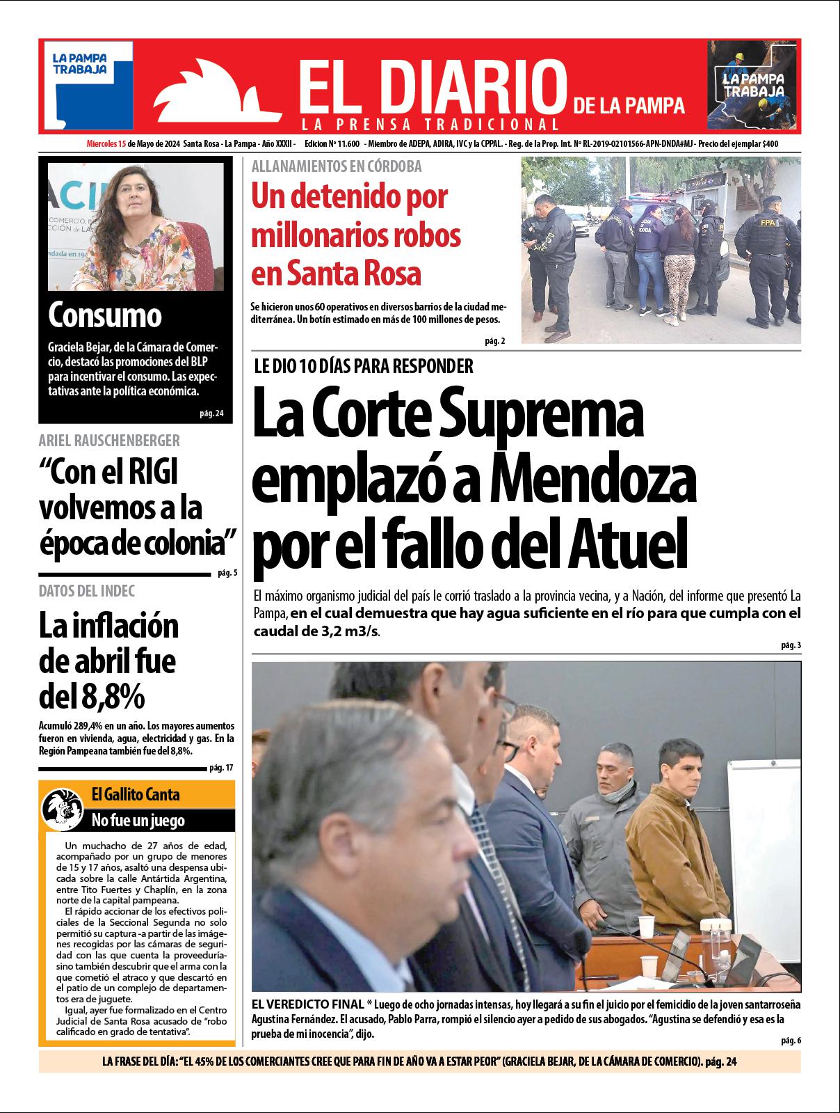 Tapa de El Diario en papel  mieacutercoles 15 de mayo de 2024